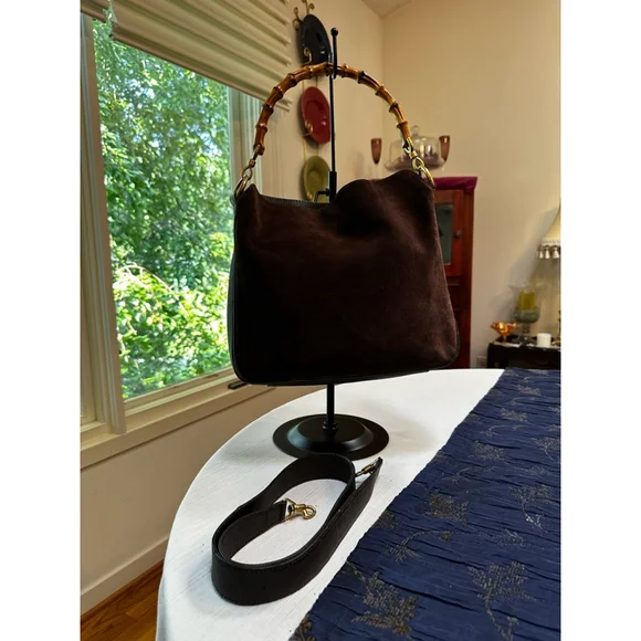 Gucci Brown Suede Bamboo Handle Bag w/ Shoulder Strap - Picture 4 of 16